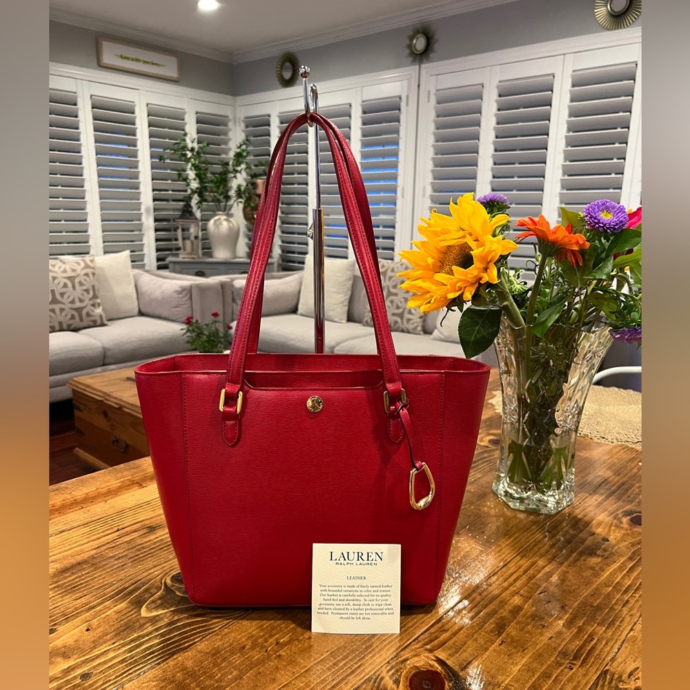 Lauren Ralph Lauren $498 EUC Bennington Red Leather Small  Shopper Tote